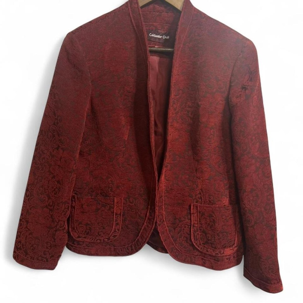Women's Burgundy velvet/tapestry material blazer with paisley pattern‎